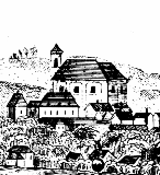 Kostel sv. Bartoloměje v roce 1845, výřez z veduty